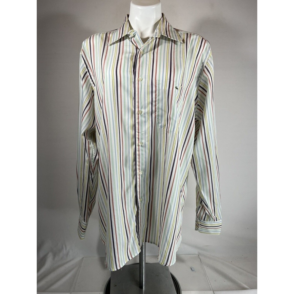 Vintage Lacoste Mens Shirt 45 Multi-Color Stripe 100% Cotton Long Sleeve